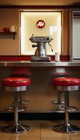 A retro diner counter featuring coffee maker and stools photo