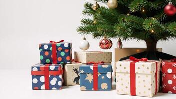 Isolated Christmas tree adorned with gift boxes Clip Art photo