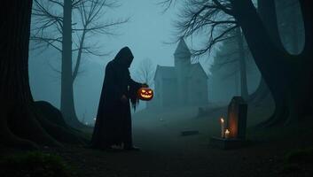 Dark creepy Halloween scene with eerie fog and haunted atmosphere photo
