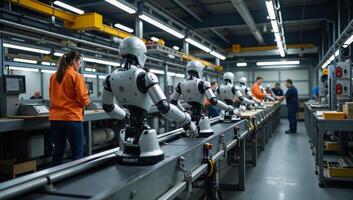 Industrialfuturistic scene of workers and robots at work on a conveyor belt within an industrial setting photo