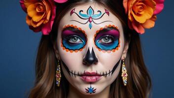 Portrait illustration featuring a woman adorned with sugar skull makeup photo