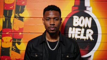 Stylish Black man posed before vibrant backdrop in Hip Hop style illustration photo