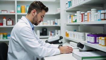 Pharmacist in lab coat organizing medications in clean pharmacy setting photo