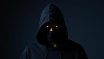 Halfbody shot of terrifying blackhooded figure with glowing orange eyes lurking in shadows photo