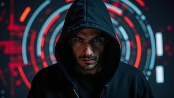 A hooded cybercriminal against a blurred glowing computer screen backdrop represents a concept of Internet Security Protection and Technology photo