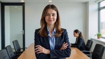 Young successful businesswoman stands confidently in a boardroom surrounded by colleagues engaged in discussion photo