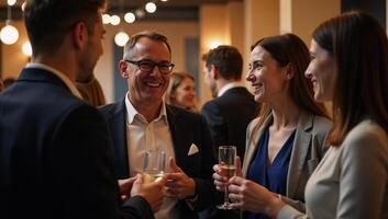 Blurred shots of office party featuring businesspeople networked together under soft lights bokeh photo