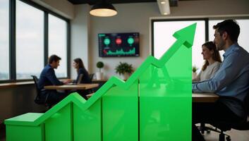 A rising green graph line represents stock market business growth photo