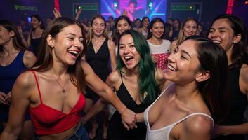 Joyful crowd celebrating at nightclub party photo