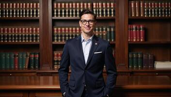 A professional photoshoot depicts an attractive attorney surrounded by books and lawthemed details within a legal library setting photo