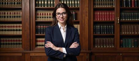 A professional photoshoot depicts an attractive attorney surrounded by books and lawthemed details within a legal library setting photo