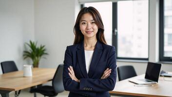 A dynamic businesswoman exudes confidence within an office environment photo