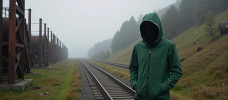 Person in a green hooded jacket amidst an industrial misty environment photo