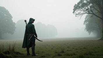 Foggy Morning Mysterious Robin Hood Planning Move on Misty Meadow photo