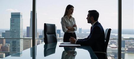 Employee requests guidance on career growth from supervisor against city skyline backdrop photo