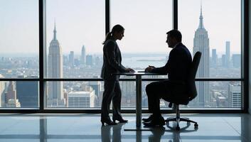 Employee requests guidance on career growth from supervisor against city skyline backdrop photo