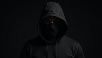 Computer Hacker Blackhooded figure in Dark Moody Background photo