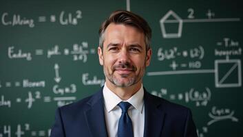 A businessman ponders amidst a wall of queries on a chalkboard photo