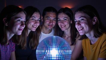 Gathered individuals admiring disco balls reflections photo