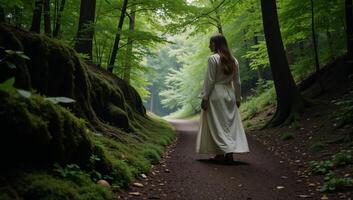 Ghost depicted standing on a woodland trail within a dense spooky forest photo