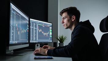 A hooded hacker performs stock analysis at his computer with market data displayed on a nearby phone photo