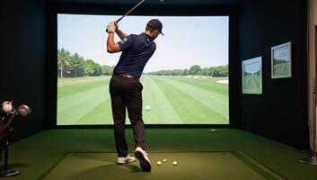 Golf enthusiast plays golf within an indoor simulator photo