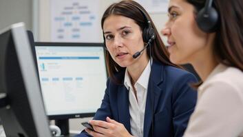 Closeup view of phoneassisting worker offering guidance over the phone photo