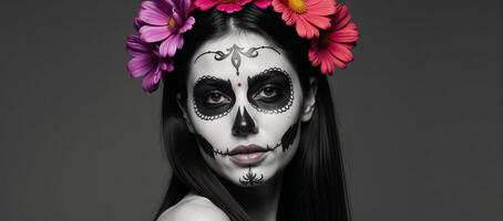 Drawing Sugar Skull Woman adorned with Floral Accessories photo
