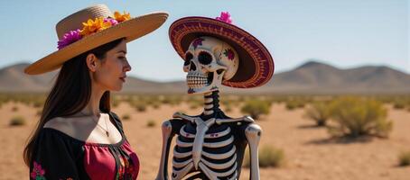 A floral calavera of The Grim Reaper as both La Llorona and La Santa Muerte depicted against a barren desert backdrop Calavera Sugar Skull Style photo
