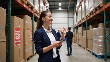 Businesswoman optimizes returns process enhances aftersales support during endofseason promotions on Labor Day promoting an inclusive work culture photo