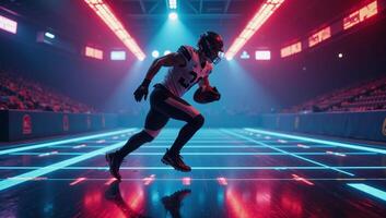 A futuristic neonlit football game with an athletic player depicted in highenergy motion on a digitally designed playing field photo