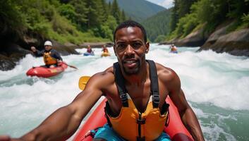 An African American man takes an exhilarating closeup selfie during whitewater river rafting while paddling a canoe or kayak in the extreme sport setting photo