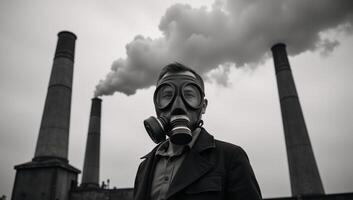 Man in gas mask before polluted factory stacks highlights environmental concerns photo