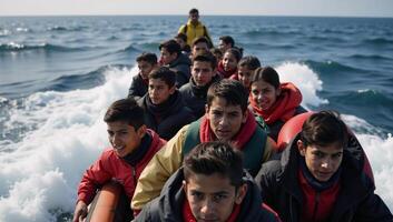 Refugees in rickety boats journey across turbulent seas towards new land photo