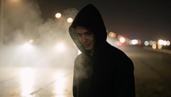 Ethereal Nocturne Mysterious blend of darkness light featuring atmospheric fog and a subtle glowing aesthetic perfect for enchanting backdropscreative designs photo
