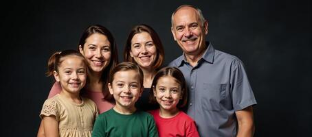 A genealogically themed group portrait showcases multiple generations standing together against a dark abstract backdrop remembering and honoring their ancestors created with photo