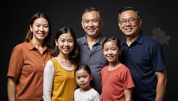 A genealogically themed group portrait showcases multiple generations standing together against a dark abstract backdrop remembering and honoring their ancestors created with photo