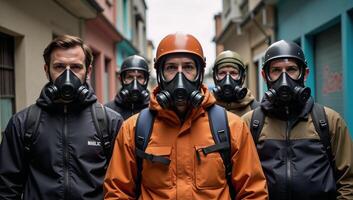 A scene with individuals donning gas masks and backpacks photo
