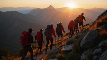 Hikers with packs trek towards the sunset among mountains on an epic journey photo