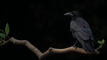 A gloomy raven perched somberly on a bare tree limb against a backdrop of darkness photo
