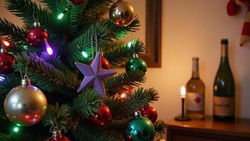A traditional Christmas tree adorned with nostalgic ornaments photo