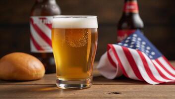 Festive beer scene with an American flag buns and bottles celebrating a holiday or event photo