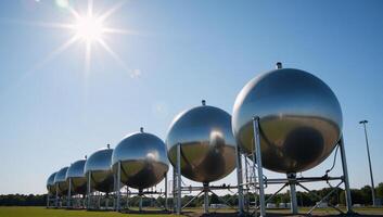 Blue spherical hydrogen tanks in a modern innovation power station showcasing BPVC technology and housing H2 molecules beneath the summer sky photo