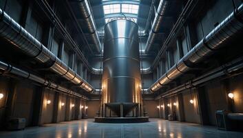 Inside a large futuristic hydrogen production facility illustrated through metal industrial tanks and surrounding pipes as envisioned by photo