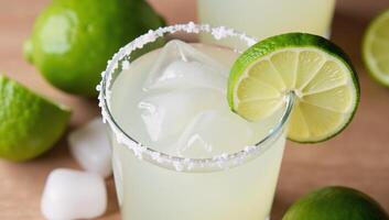 Cocktail Margarita served with ice and limes in a saltrimmed margarita glass Refreshing photo
