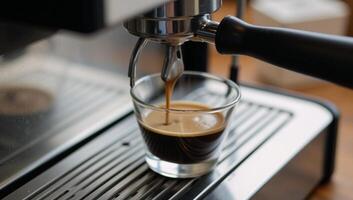 Sketch of a steaming espresso machine serving coffee into a cup against a blurry caf backdrop photo