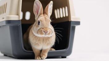 Rabbit curiously peeks out of pet carrier in preparation for veterinary checkup with a plain white background photo