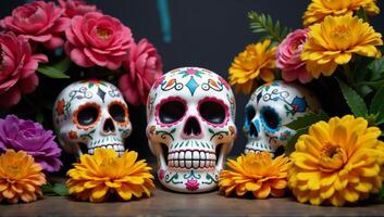 Vibrant Day of the Dead scene featuring traditional sugar skulls marigolds and room for product promoparty invite photo