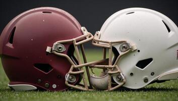 Two clashing helmets locked in an intense moment of impact showcasing sweat and dirt suspended photo