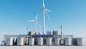 Solarwind turbine facility generating green hydrogen for clean electricity 3D Rendering photo